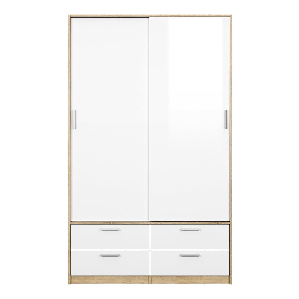 Line Wardrobe - 2 Doors 4 Drawers in Oak with White High Gloss - TidySpaces