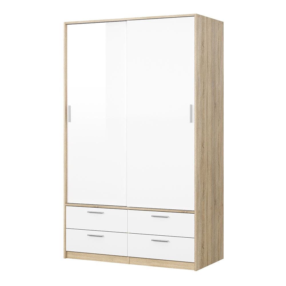 Line Wardrobe - 2 Doors 4 Drawers in Oak with White High Gloss - TidySpaces