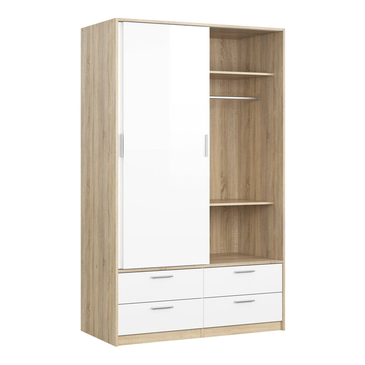 Line Wardrobe - 2 Doors 4 Drawers in Oak with White High Gloss - TidySpaces