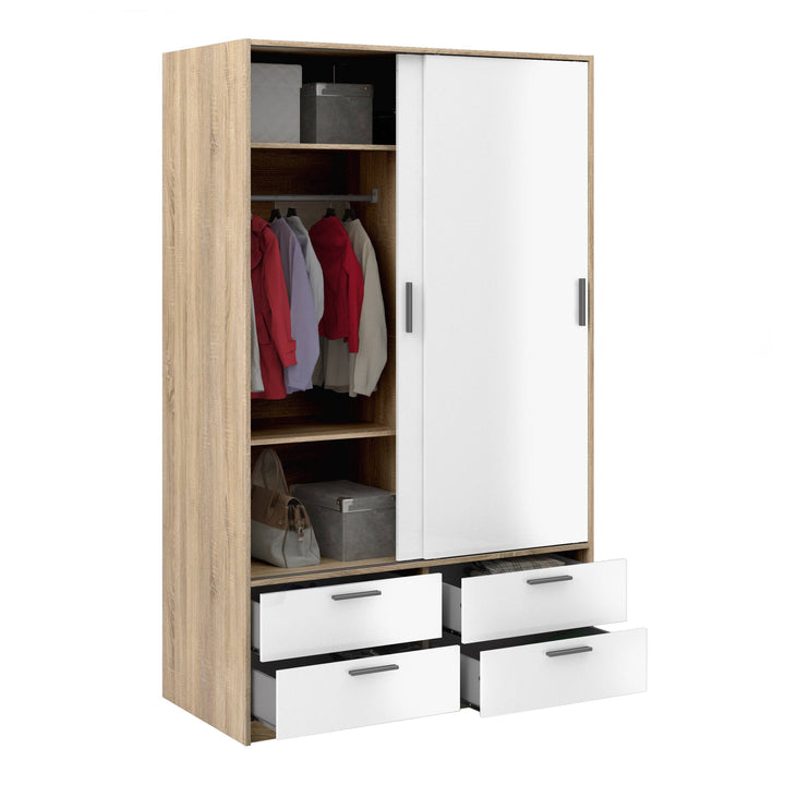 Line Wardrobe - 2 Doors 4 Drawers in Oak with White High Gloss - TidySpaces