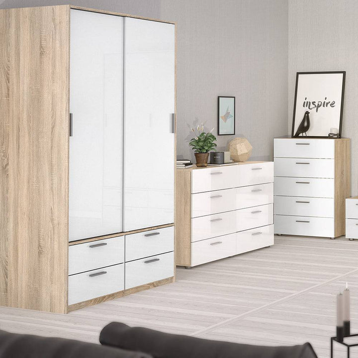 Line Wardrobe - 2 Doors 4 Drawers in Oak with White High Gloss - TidySpaces