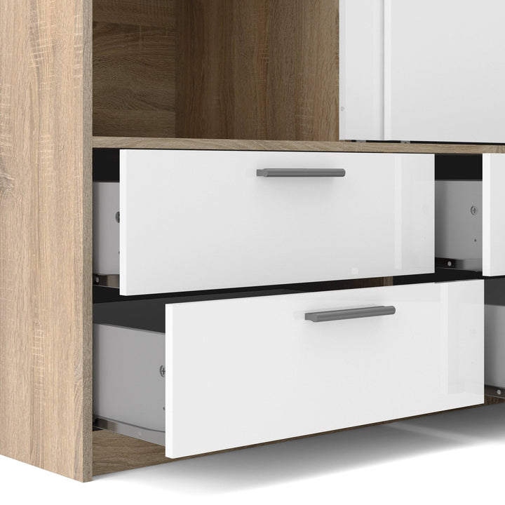 Line Wardrobe - 2 Doors 4 Drawers in Oak with White High Gloss - TidySpaces