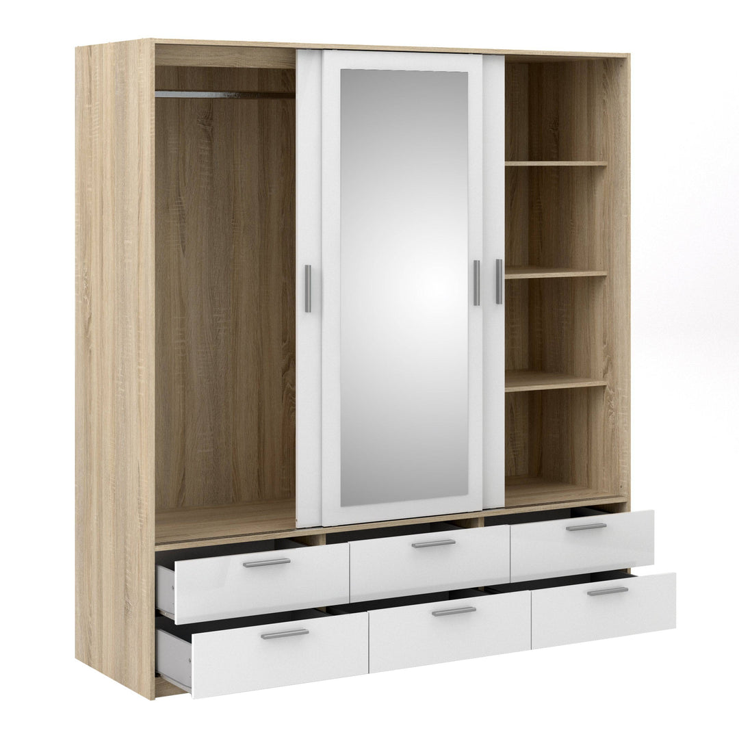 Line Wardrobe - 3 Doors 6 Drawers in Oak with White High Gloss - TidySpaces