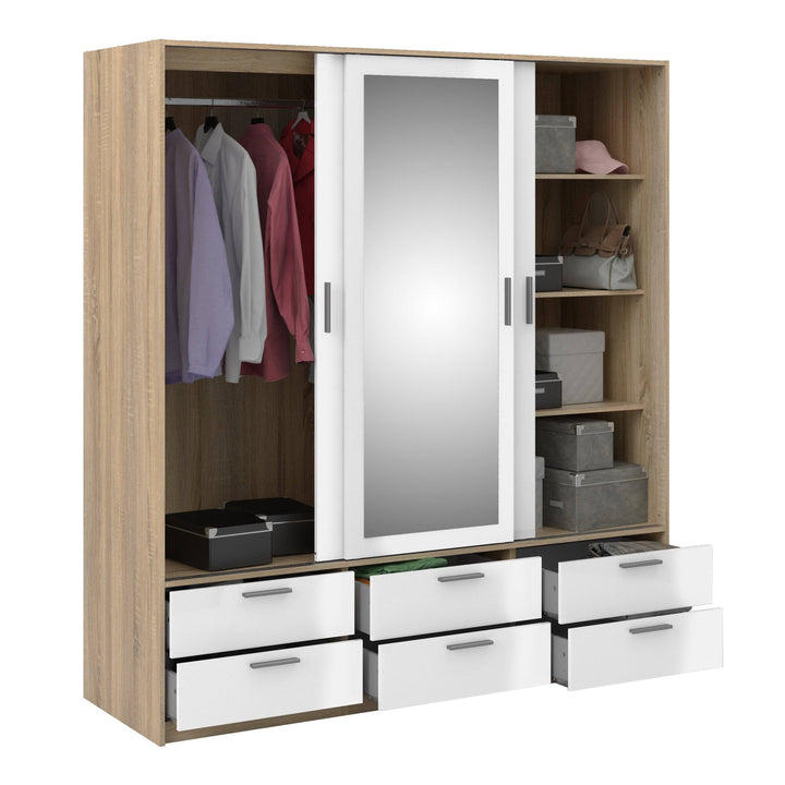 Line Wardrobe - 3 Doors 6 Drawers in Oak with White High Gloss - TidySpaces