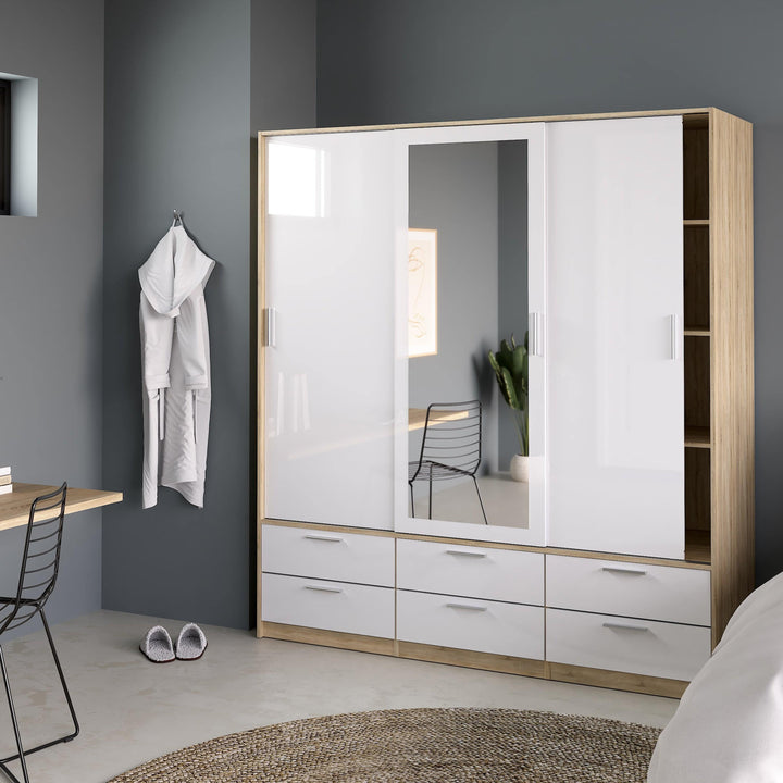 Line Wardrobe - 3 Doors 6 Drawers in Oak with White High Gloss - TidySpaces