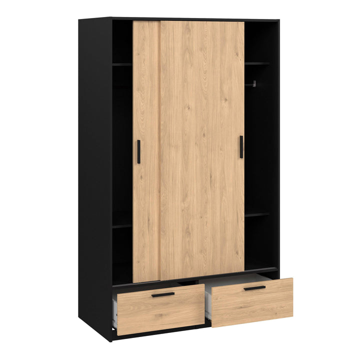 Line Wardrobe with 2 Doors + 2 Drawers in Black and Jackson Hickory Oak - TidySpaces