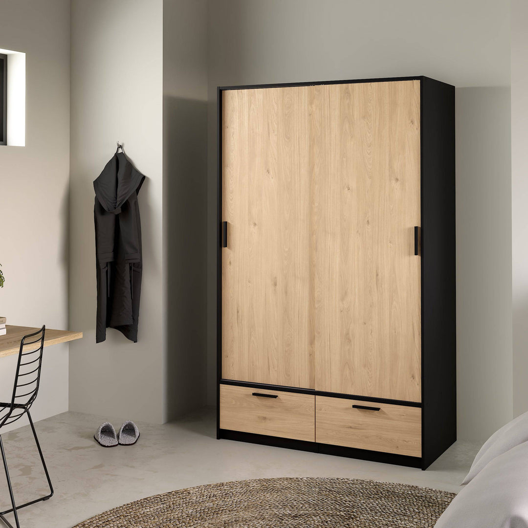 Line Wardrobe with 2 Doors + 2 Drawers in Black and Jackson Hickory Oak - TidySpaces