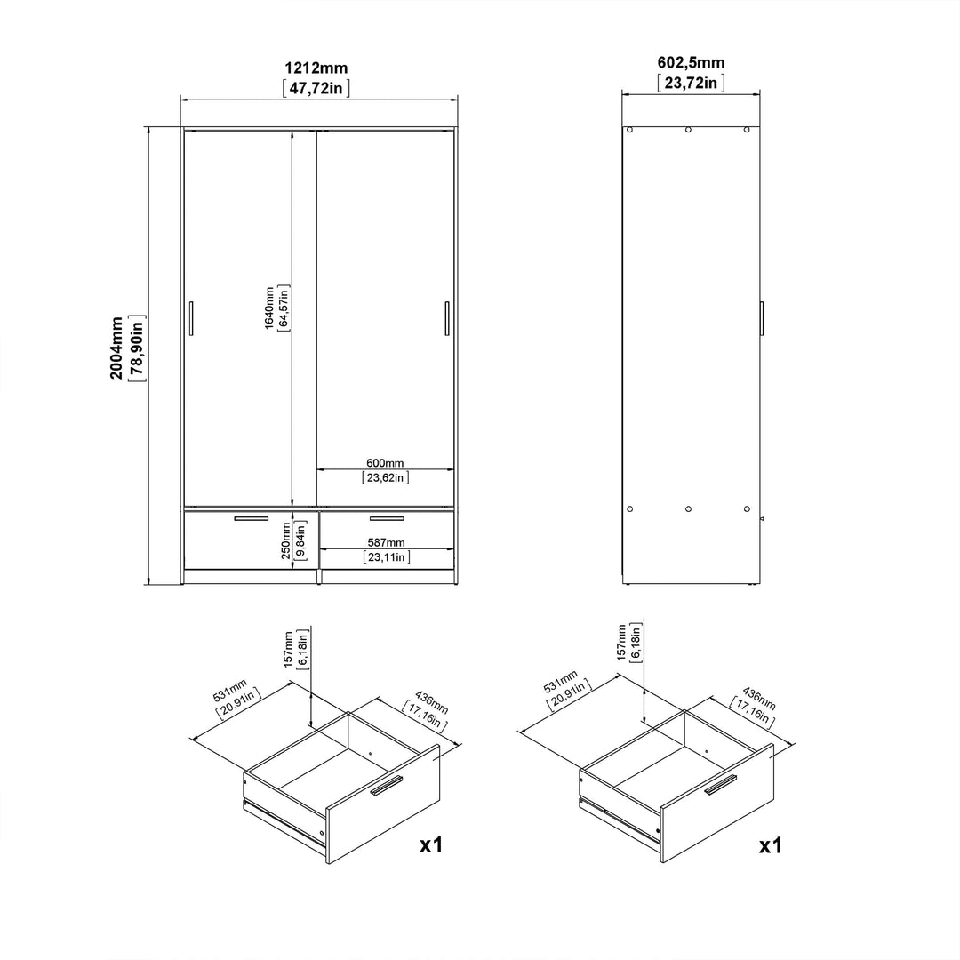 Line Wardrobe with 2 Doors + 2 Drawers in Black and Jackson Hickory Oak - TidySpaces