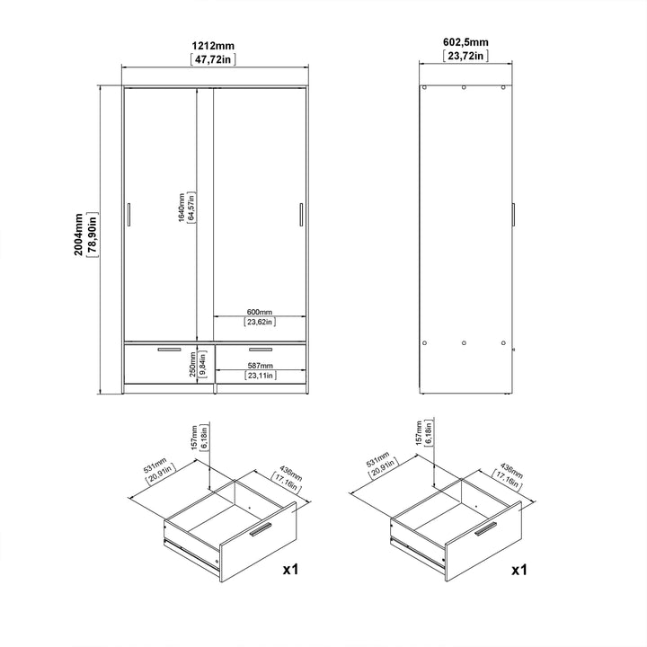 Line Wardrobe with 2 Doors + 2 Drawers in Black and Jackson Hickory Oak - TidySpaces