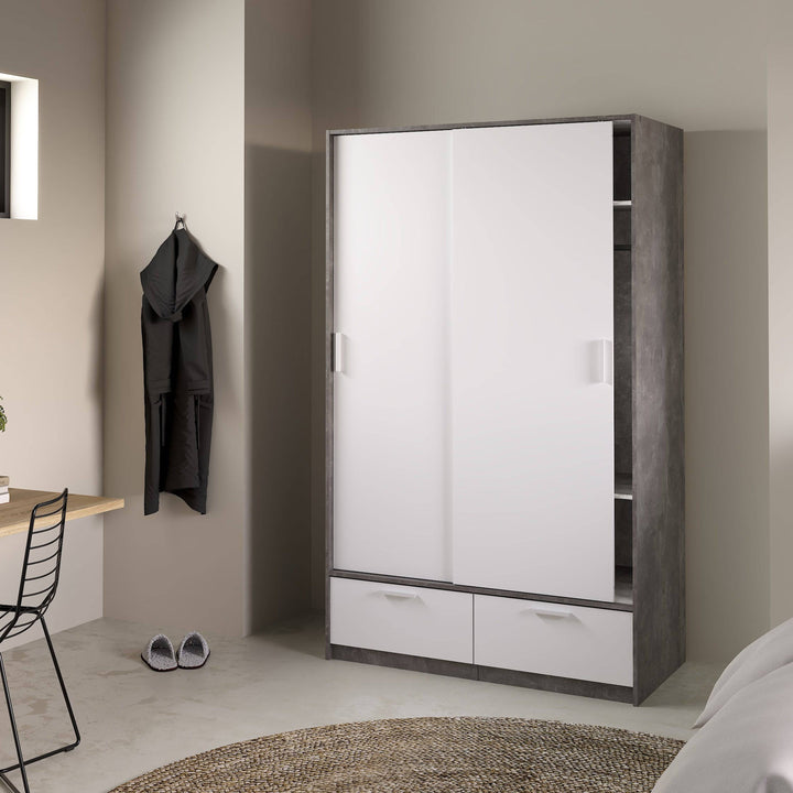 Line Wardrobe with 2 Doors + 2 Drawers in White and Concrete - TidySpaces