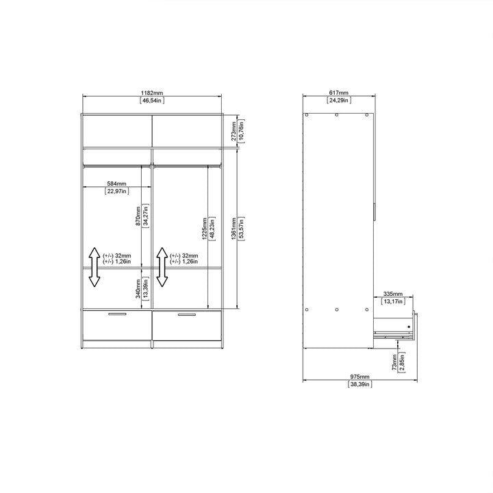 Line Wardrobe with 2 Doors + 2 Drawers in White and Concrete - TidySpaces