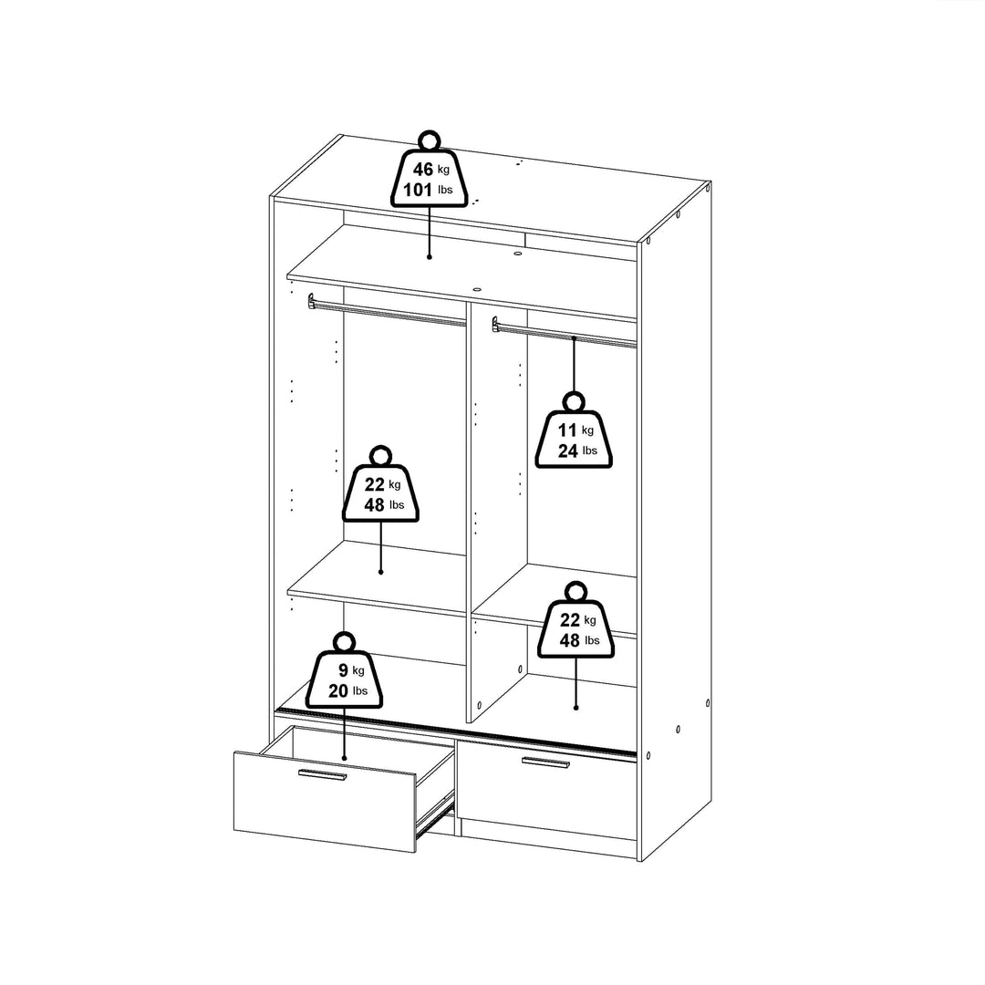 Line Wardrobe with 2 Doors + 2 Drawers in White and Concrete - TidySpaces