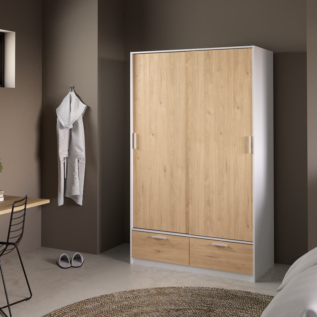 Line Wardrobe with 2 Doors + 2 Drawers in White and Jackson Hickory Oak - TidySpaces