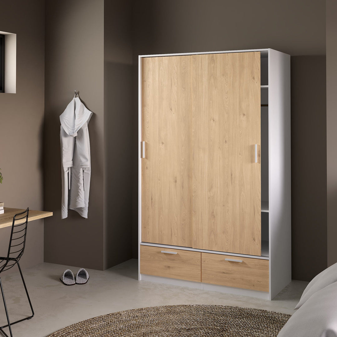 Line Wardrobe with 2 Doors + 2 Drawers in White and Jackson Hickory Oak - TidySpaces