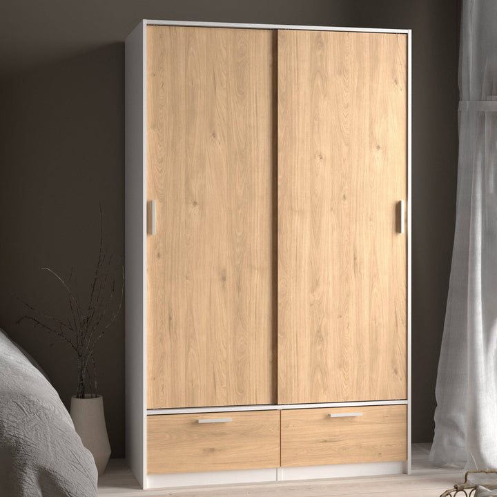 Line Wardrobe with 2 Doors + 2 Drawers in White and Jackson Hickory Oak - TidySpaces