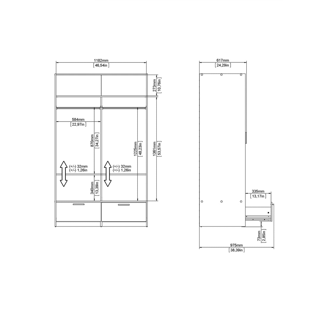 Line Wardrobe with 2 Doors + 2 Drawers in White and Jackson Hickory Oak - TidySpaces