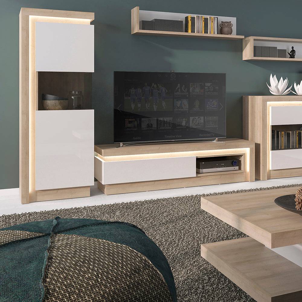 Lyon 1 drawer TV cabinet with open shelf in Riviera Oak/White High Gloss - TidySpaces