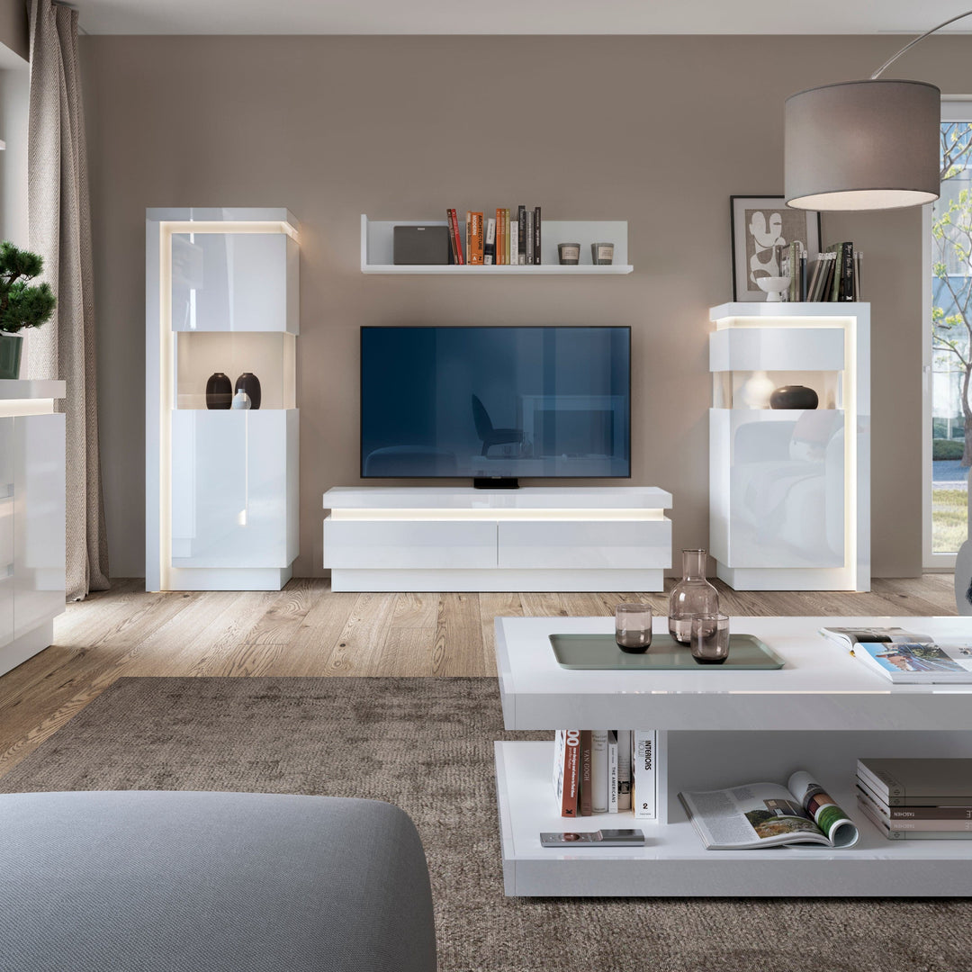 Lyon 2 drawer TV cabinet (including LED lighting) in White and High Gloss - TidySpaces