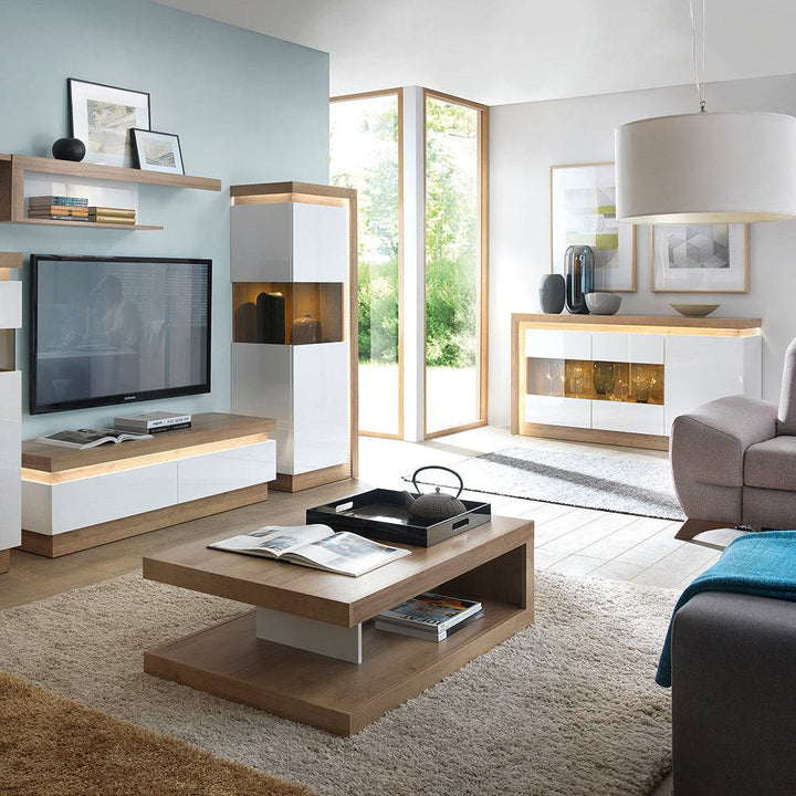 Lyon 3 door glazed sideboard in Riviera Oak/White High Gloss - TidySpaces