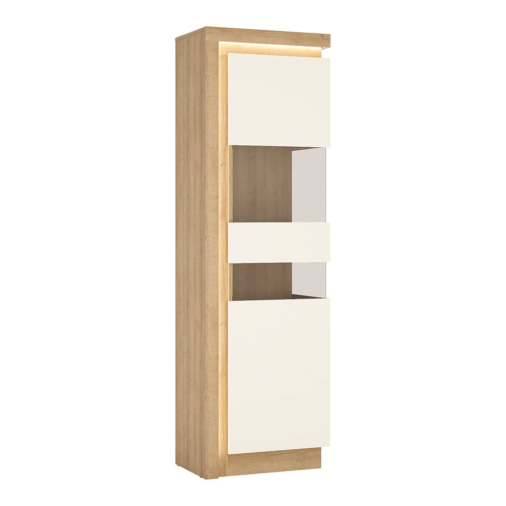 Lyon Tall narrow display cabinet (RHD) in Riviera Oak/White High Gloss - TidySpaces