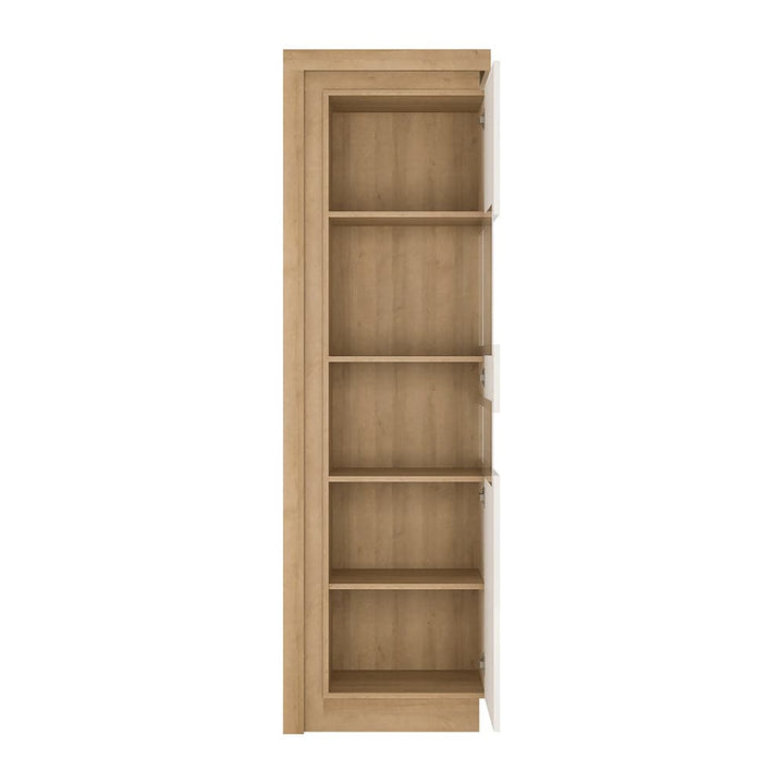 Lyon Tall narrow display cabinet (RHD) in Riviera Oak/White High Gloss - TidySpaces