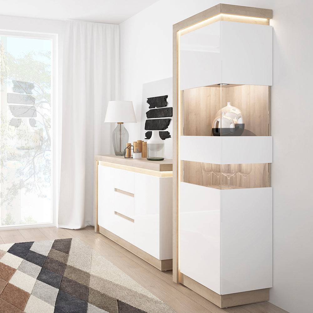 Lyon Tall narrow display cabinet (RHD) in Riviera Oak/White High Gloss - TidySpaces