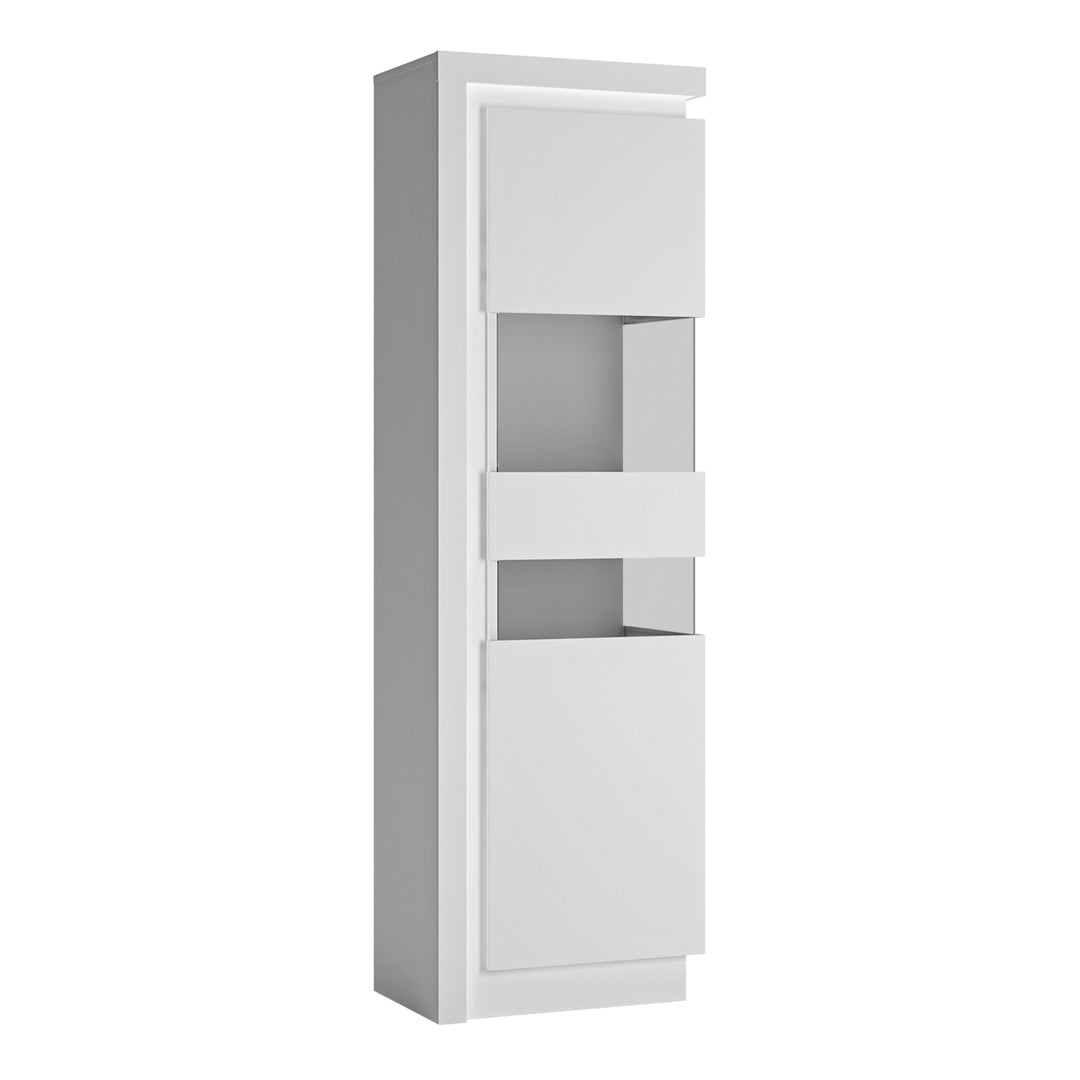 Lyon Tall narrow display cabinet (RHD) (including LED lighting) in White and High Gloss - TidySpaces