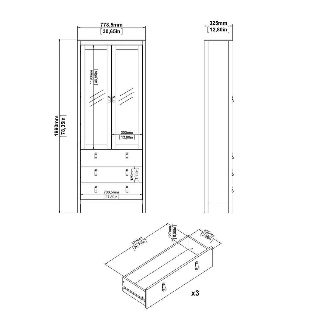 Madrid China cabinet 2 doors w/glass + 3 drawers in Matt Black - TidySpaces