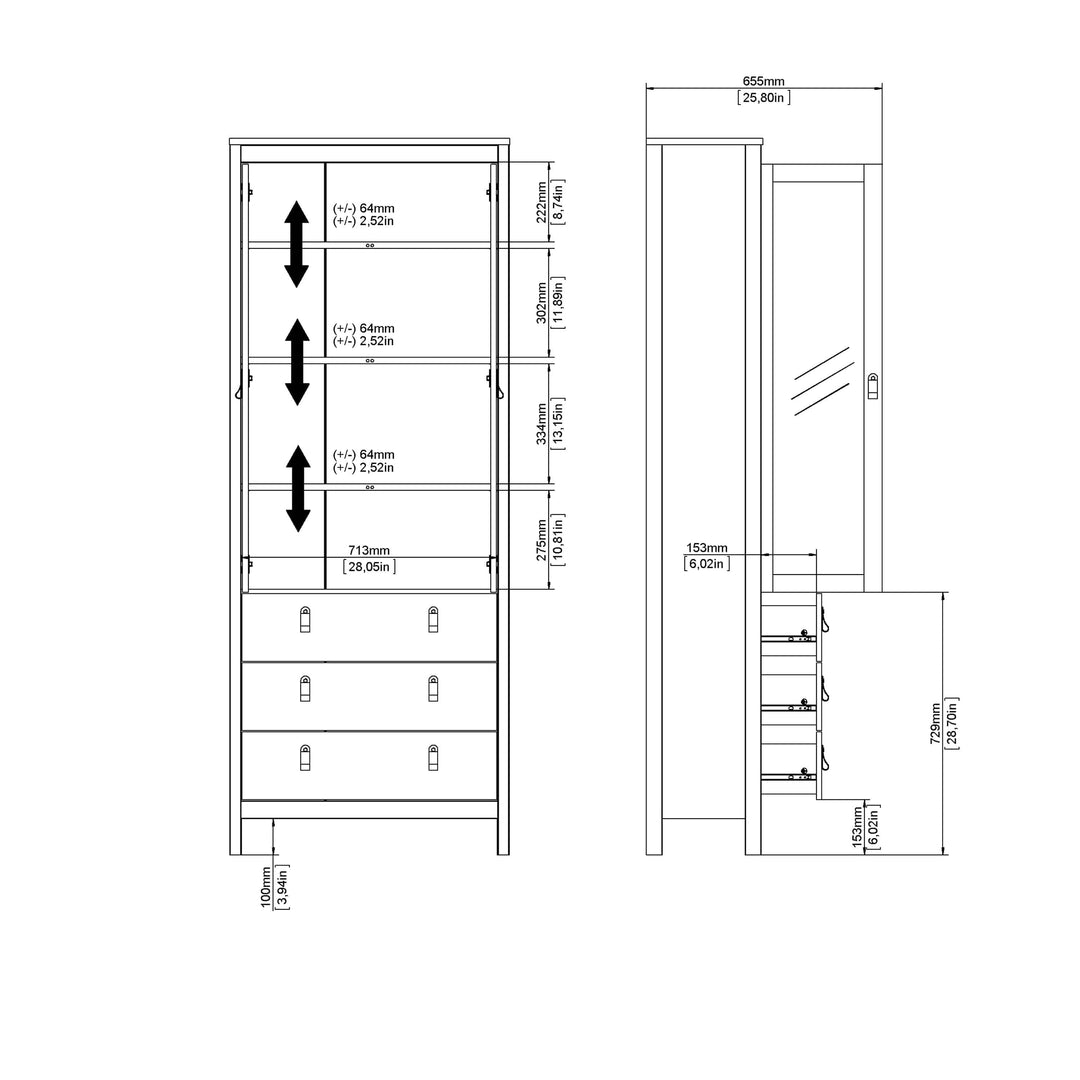 Madrid China cabinet 2 doors w/glass + 3 drawers in Matt Black - TidySpaces