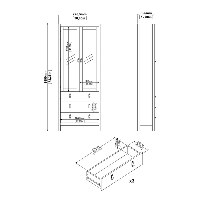 Madrid China cabinet 2 doors w/glass + 3 drawers in White - TidySpaces