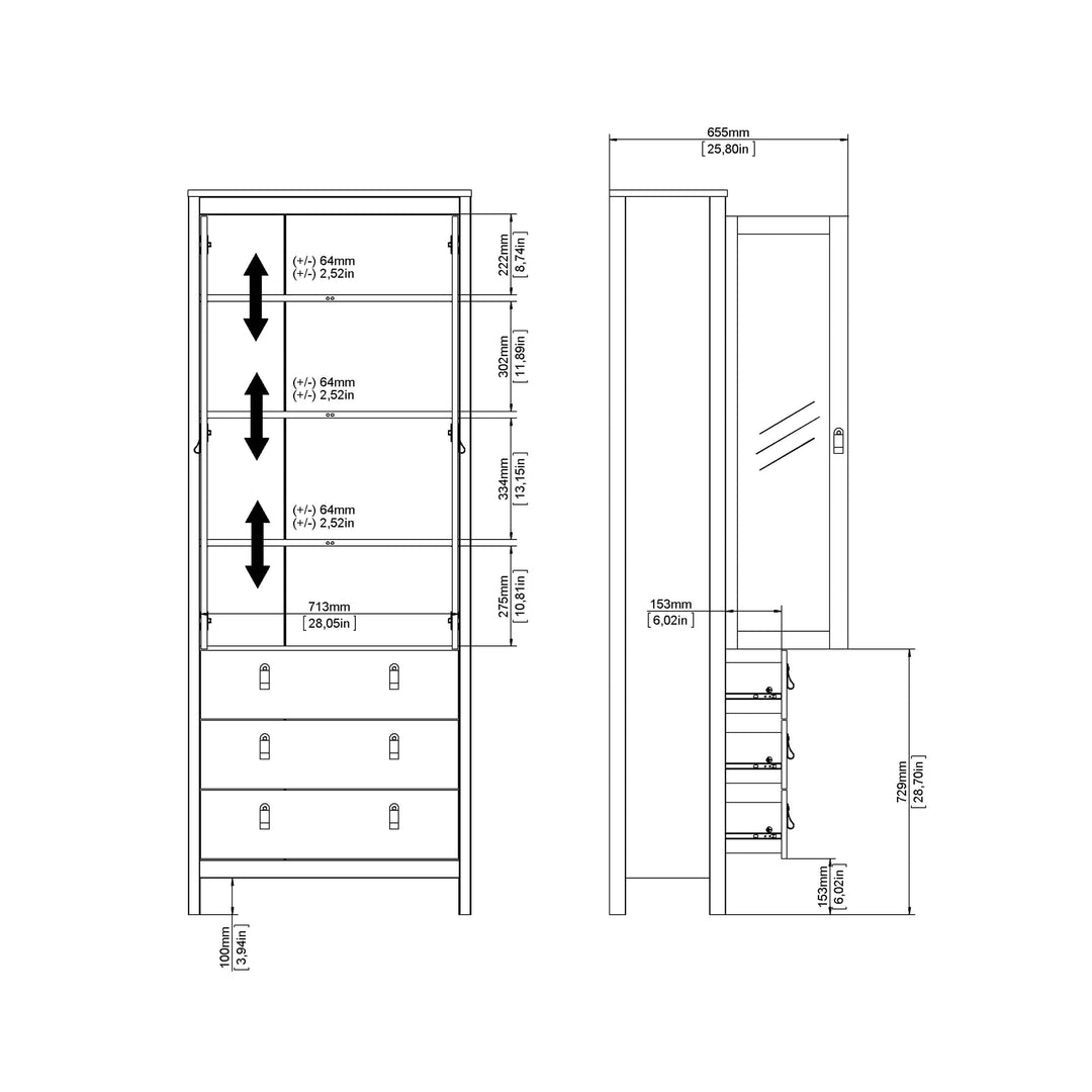 Madrid China cabinet 2 doors w/glass + 3 drawers in White - TidySpaces