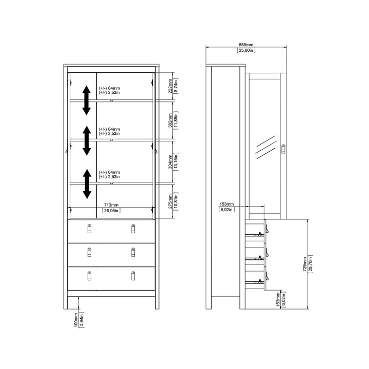 Madrid China cabinet 2 doors w/glass + 3 drawers in White - TidySpaces