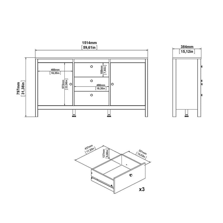 Madrid Sideboard 2 doors + 3 drawers in Matt Black - TidySpaces