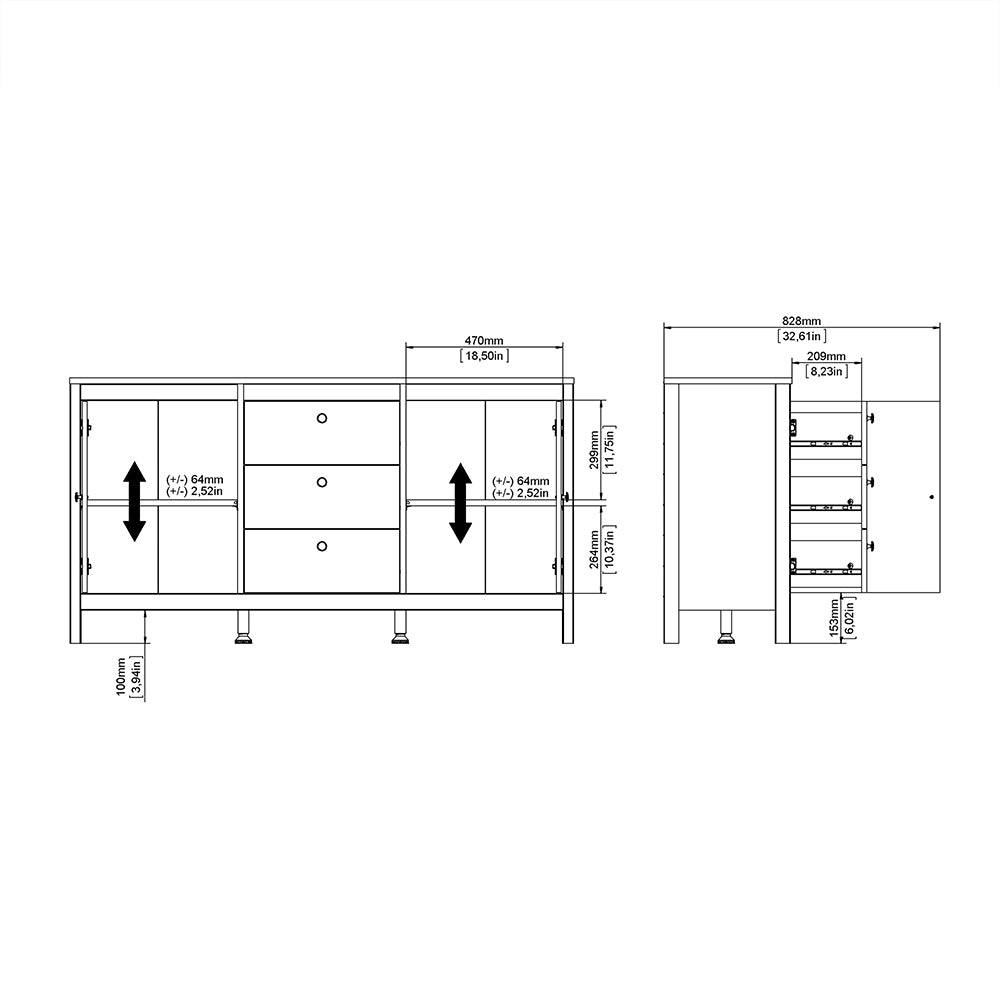 Madrid Sideboard 2 doors + 3 drawers in Matt Black - TidySpaces