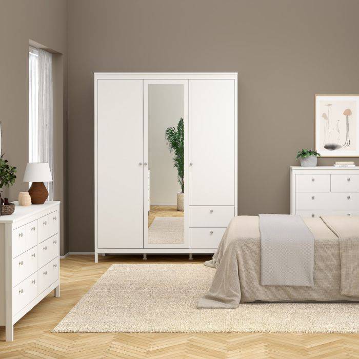 Madrid Wardrobe with 2 doors + 1 mirror door + 2 drawers White - TidySpaces