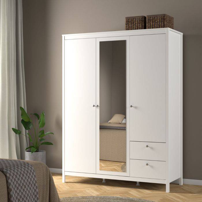 Madrid Wardrobe with 2 doors + 1 mirror door + 2 drawers White - TidySpaces