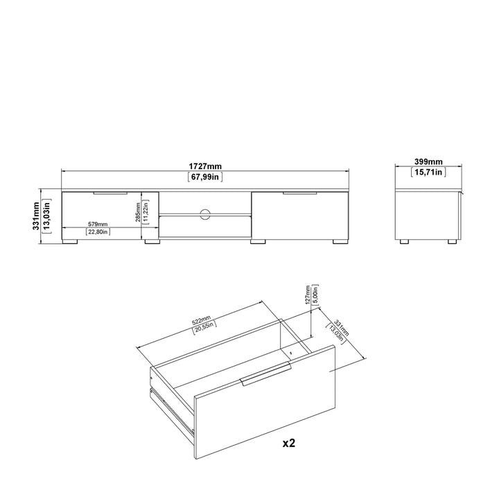 Match TV Unit 2 Drawers 2 Shelf in White High Gloss - TidySpaces