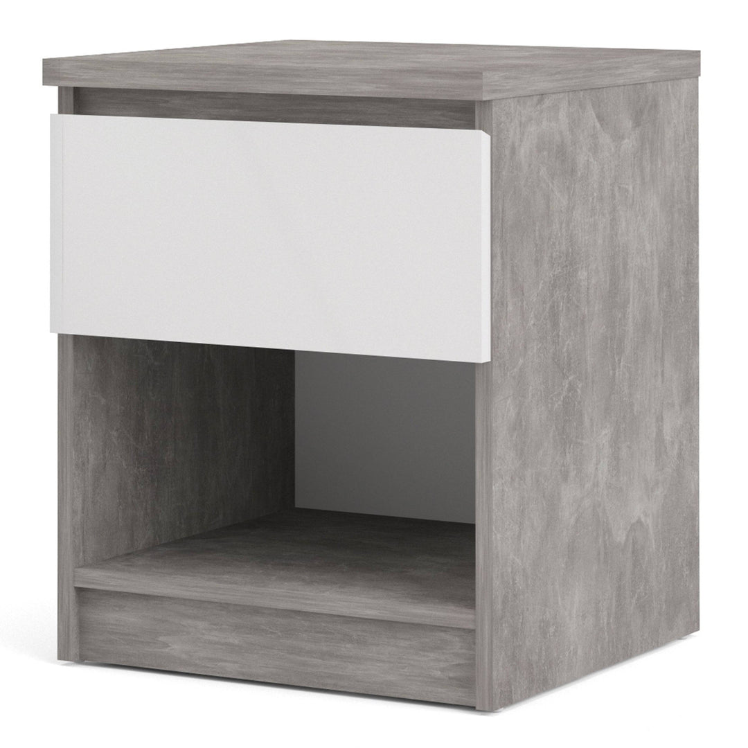 Naia Bedside 1 Drawer 1 Shelf in Concrete and White High Gloss - TidySpaces