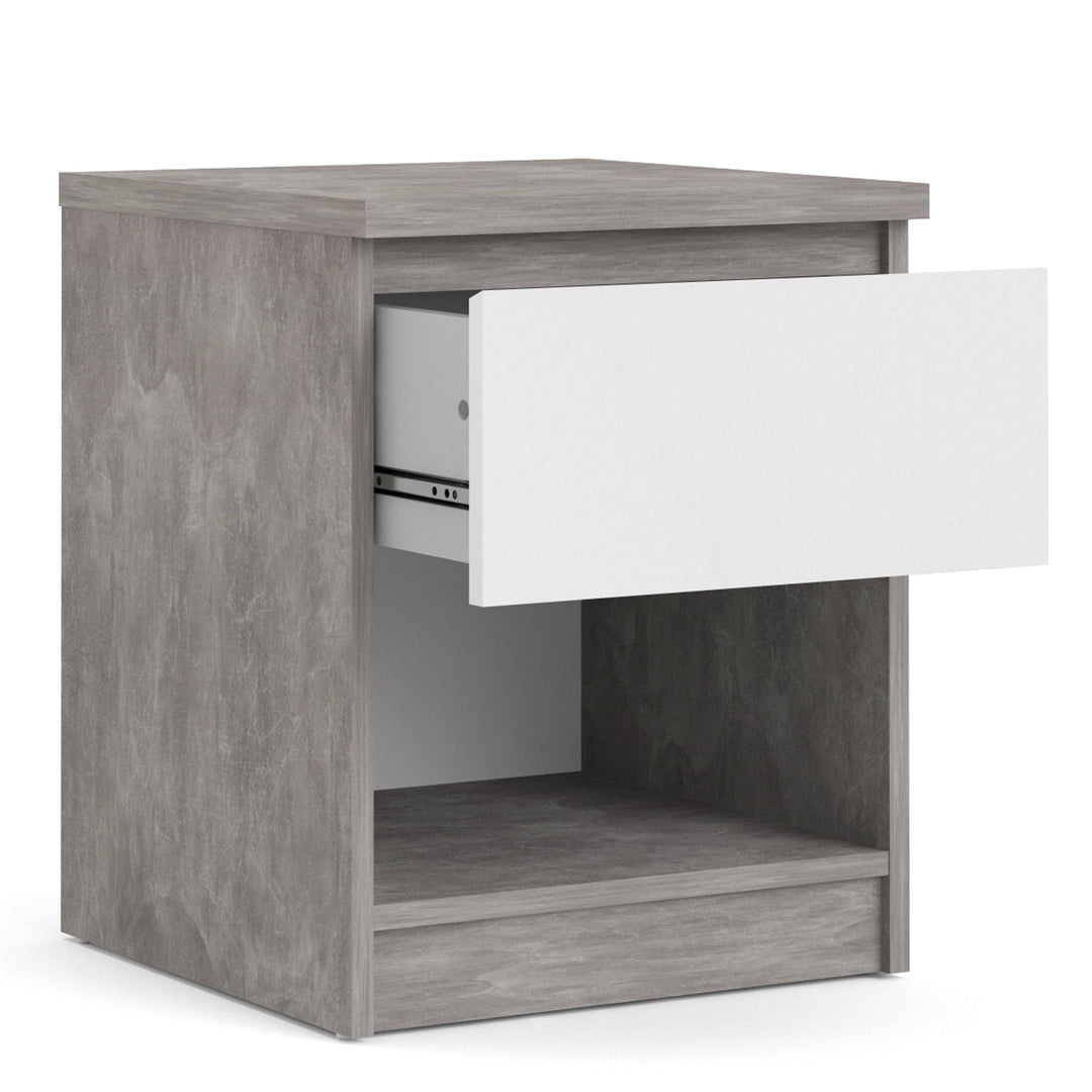 Naia Bedside 1 Drawer 1 Shelf in Concrete and White High Gloss - TidySpaces