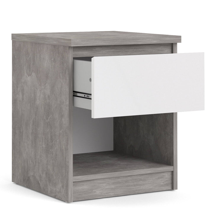 Naia Bedside 1 Drawer 1 Shelf in Concrete and White High Gloss - TidySpaces