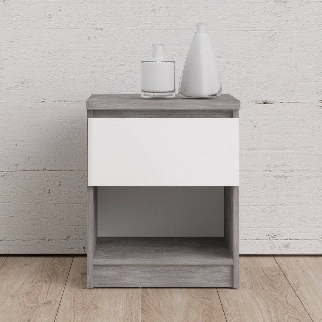 Naia Bedside 1 Drawer 1 Shelf in Concrete and White High Gloss - TidySpaces