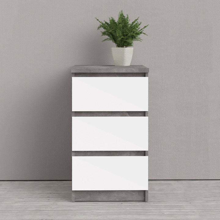 Naia Bedside 3 Drawers in Concrete and White High Gloss - TidySpaces