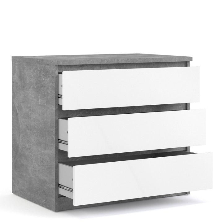 Naia Chest of 3 Drawers in Concrete and White High Gloss - TidySpaces