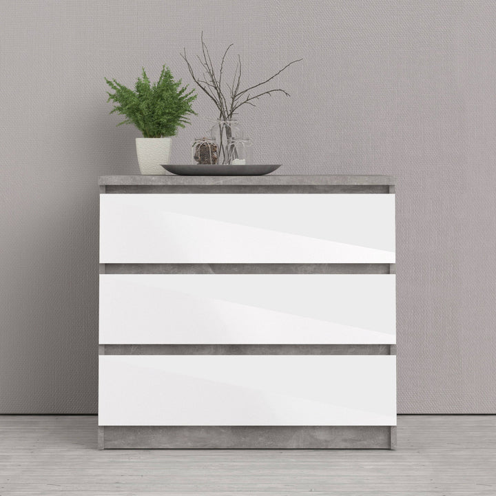 Naia Chest of 3 Drawers in Concrete and White High Gloss - TidySpaces