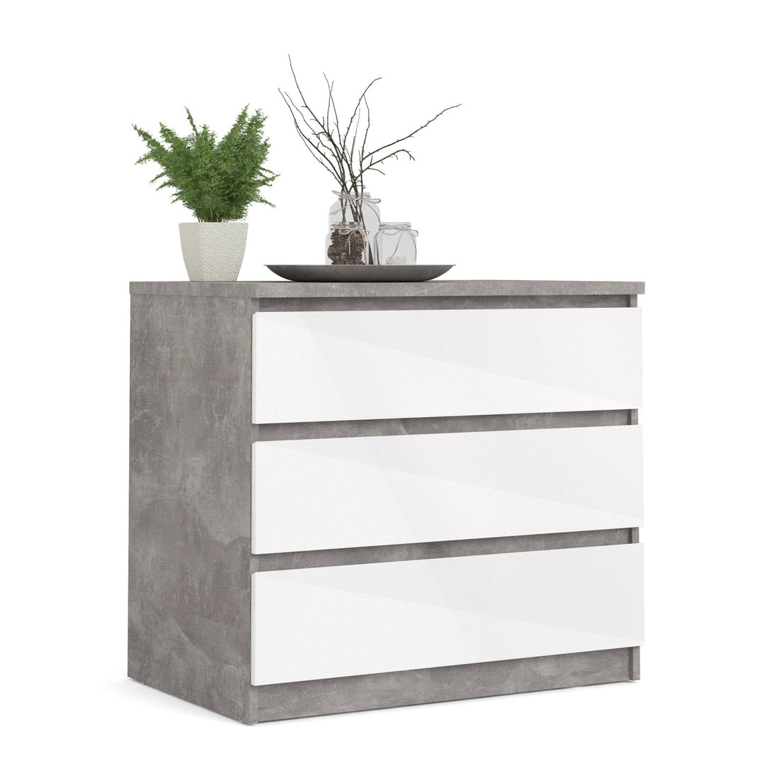 Naia Chest of 3 Drawers in Concrete and White High Gloss - TidySpaces