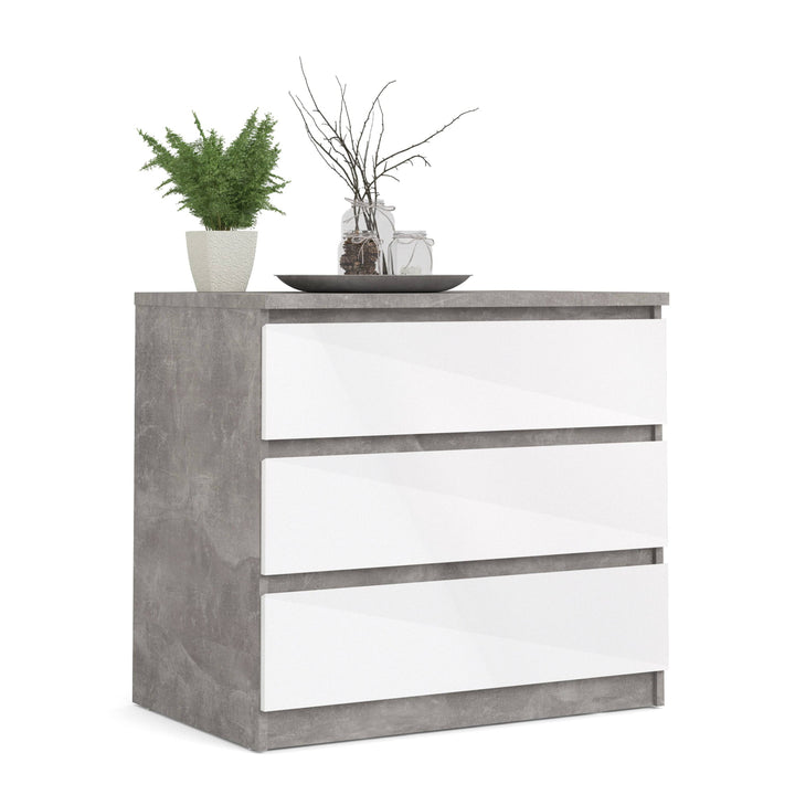 Naia Chest of 3 Drawers in Concrete and White High Gloss - TidySpaces