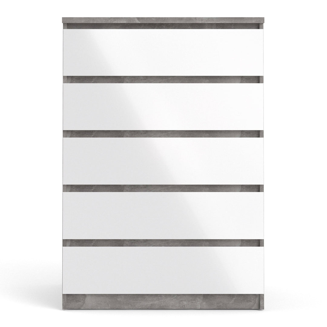 Naia Chest of 5 Drawers in Concrete and White High Gloss - TidySpaces