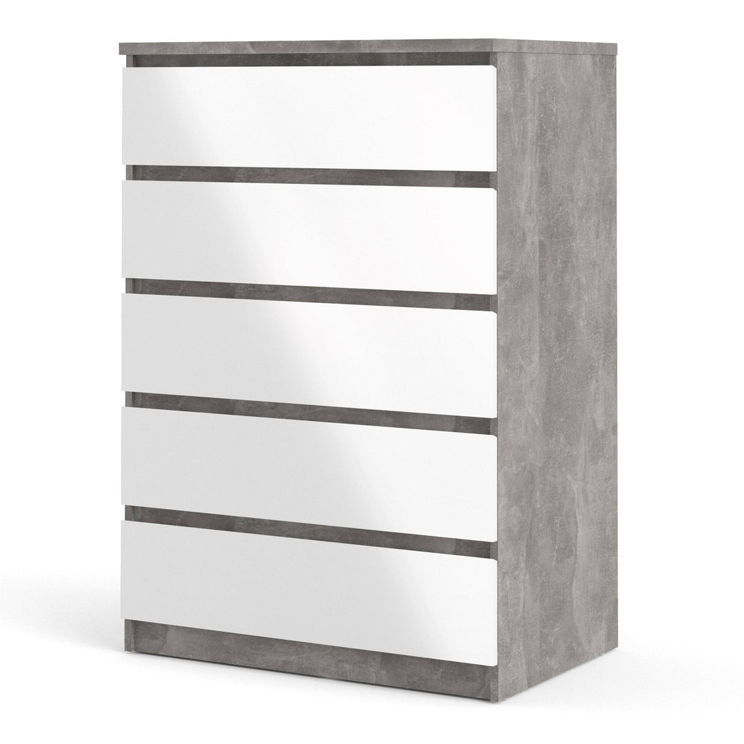 Naia Chest of 5 Drawers in Concrete and White High Gloss - TidySpaces