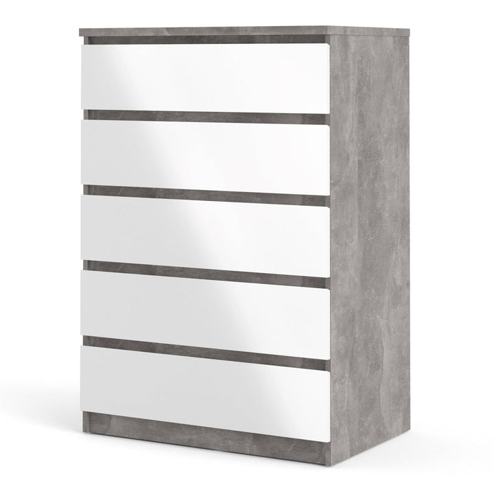 Naia Chest of 5 Drawers in Concrete and White High Gloss - TidySpaces