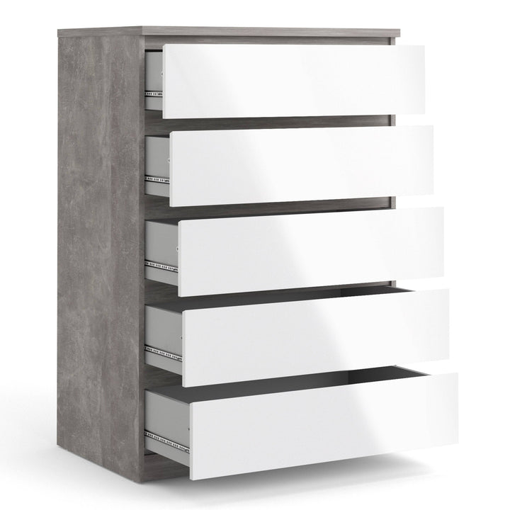 Naia Chest of 5 Drawers in Concrete and White High Gloss - TidySpaces